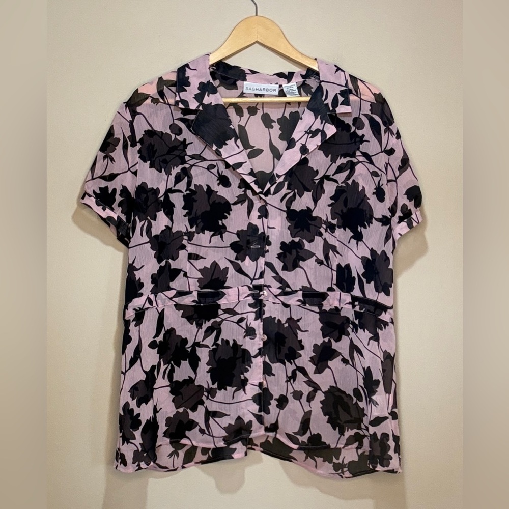 Sag Harbor Women's Button Down Shirt - Pink with Black Floral